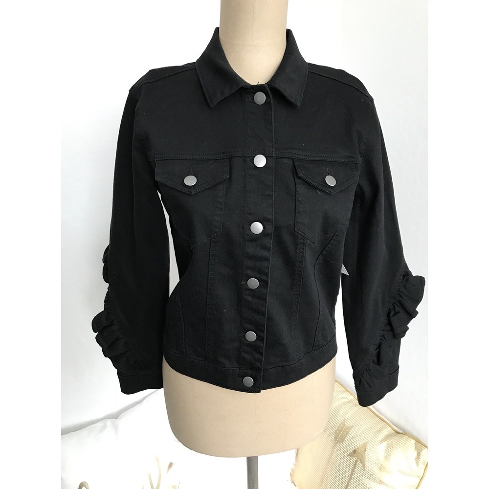 Abound Womens Jacket Denim Button Down Ruffle Long Sleeves Black Size XXS